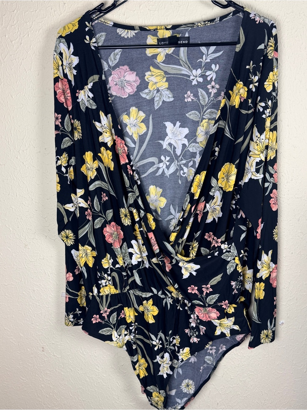 Love & Legend Women’s 2X Black Floral Wrap Bodysuit with Yellow & Pink Blooms
